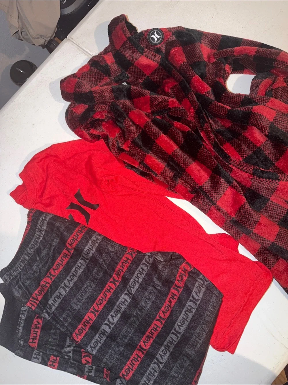 Hurley Red and Black Kids 3-Piece Pajama Set with Plaid Robe